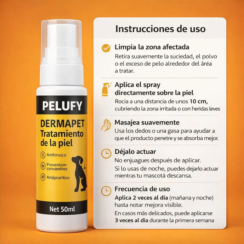 Spray Dermapet Alivio inmediato para la picazón y la irritación. Favorece la recuperación natural de piel y pelaje